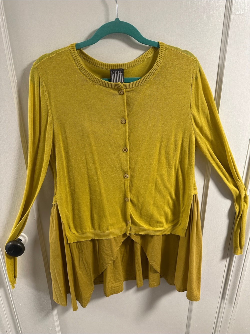 Lilith Mustard Button-Front Hi-Lo Lagenlook Layered Knit Cardigan